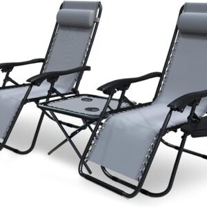 Juego de 2 tumbonas de jardín plegables para exterior con mesa auxiliar portavasos, silla reclinable con reposacabezas desmontable
