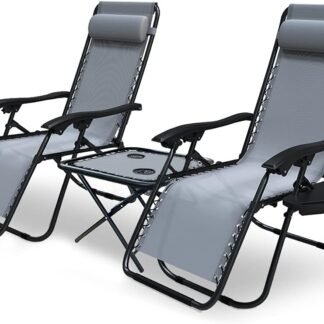 Juego de 2 tumbonas de jardín plegables para exterior con mesa auxiliar portavasos, silla reclinable con reposacabezas desmontable